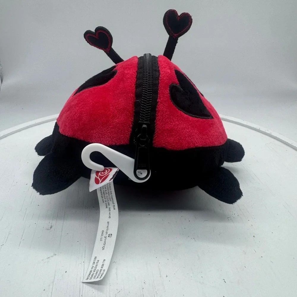 American Greetings Plush Ladybug Heart Zip Pouch Red Black 8